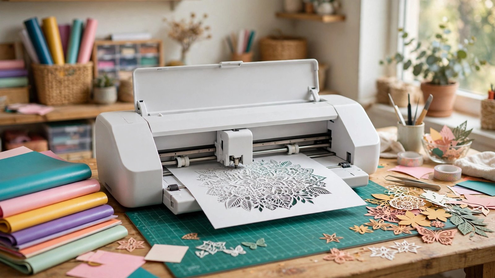 Brother ScanNCut cutting machine cutting an intricate paper design